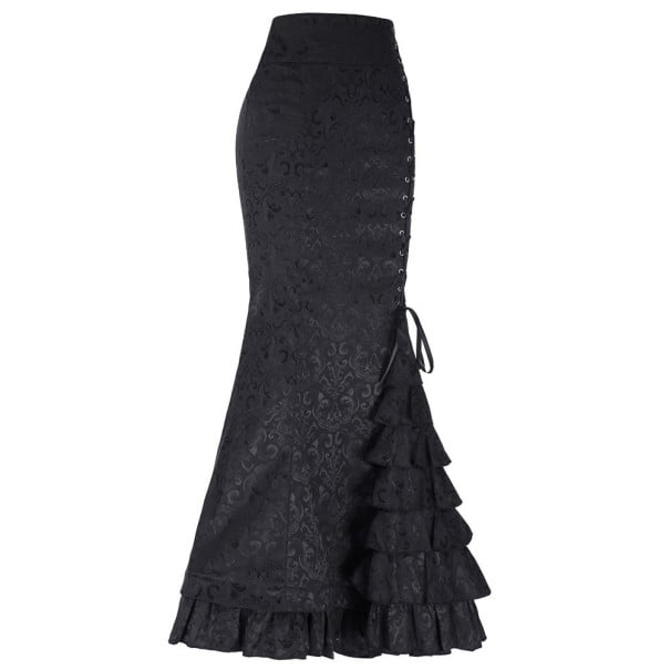 Dámská dlouhá vintage sukně v rybím střihu Šněrování s kovovými očky Vrstvené volány Ornamentální vzor v brokátovém stylu Polyester XL 3