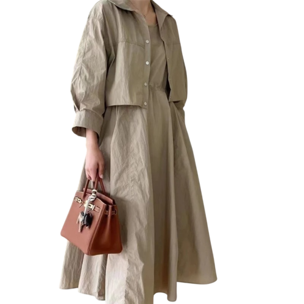 Dámská dvoudílná souprava dlouhé šaty bez rukávů a krátká košile s dlouhým rukávem áčkový střih univerzální velikost polyester na jaro khaki