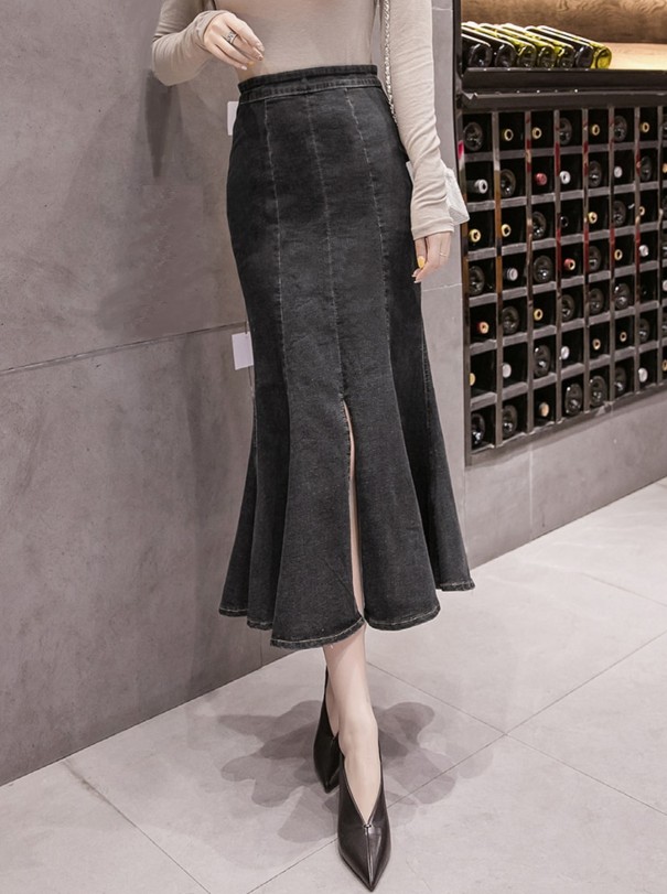 Dámská džínová midi sukně s vysokým pasem černá M
