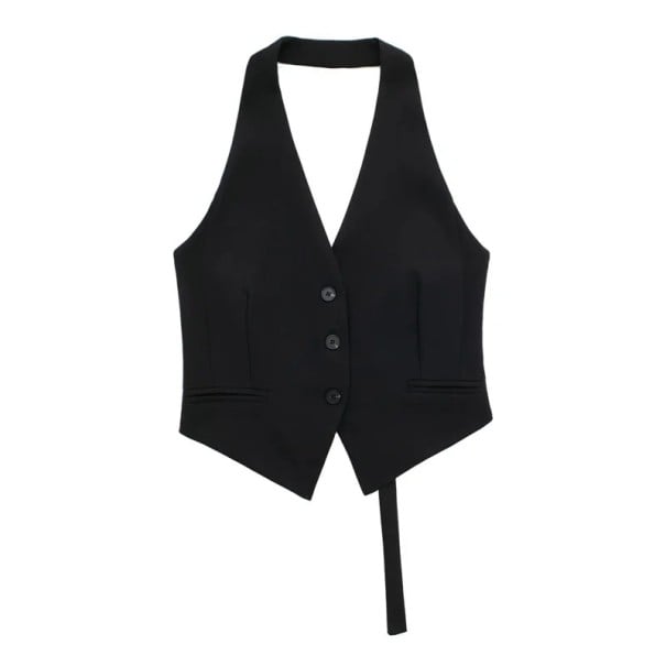 Dámska elegantná jednofarebná vesta s výstrihom do V a kapsičkami čierna XS