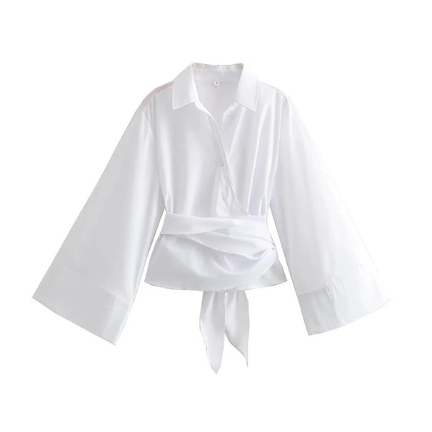 Dámská elegantní košile s límečkem a dlouhým rukávem Stylové kimono s mašlí v pase Jednobarevná halenka na knoflíky z lehkého polyesteru bílá XS