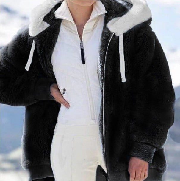 Damska futrzana kurtka z kapturem podszewką z białego pluszu Zapinanie na zamek Sznurki w kapturze Ściągacze i dół Polyester i bawełna czarny 3XL