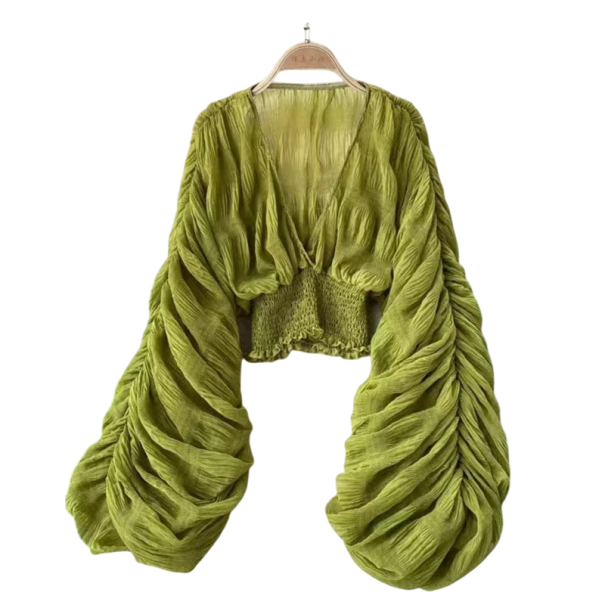 Dámská halenka s hlubokým výstřihem a nabíranými rukávy Volánový top s elastickým pasem Elegantní halenka na léto do města i na párty zelená