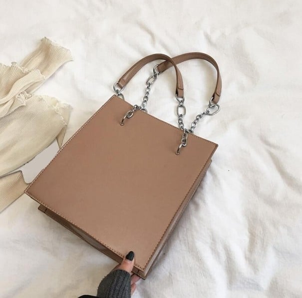 Dámska hranatá kabelka cez rameno Taška do ruky Ucha s kovovými reťazcami Umelá koža PU Minimalistický plochý tvar 25 x 28 x 10 cm khaki 2