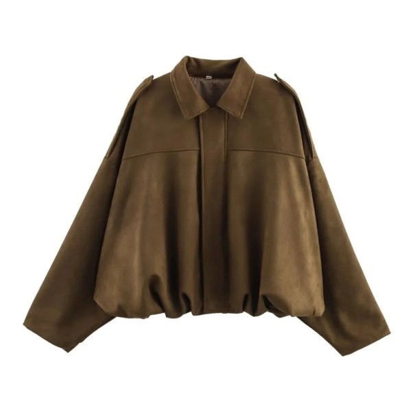 Dámská jarní bunda semišová oversize s límcem dlouhý rukáv nabíraný lem volnočasová do města i na ven i do práce na jaro khaki M