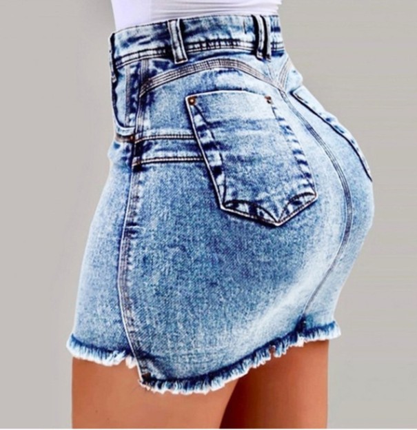 Damska jeansowa mini spódniczka z wysokim stanem A1915 jasnoniebieski M