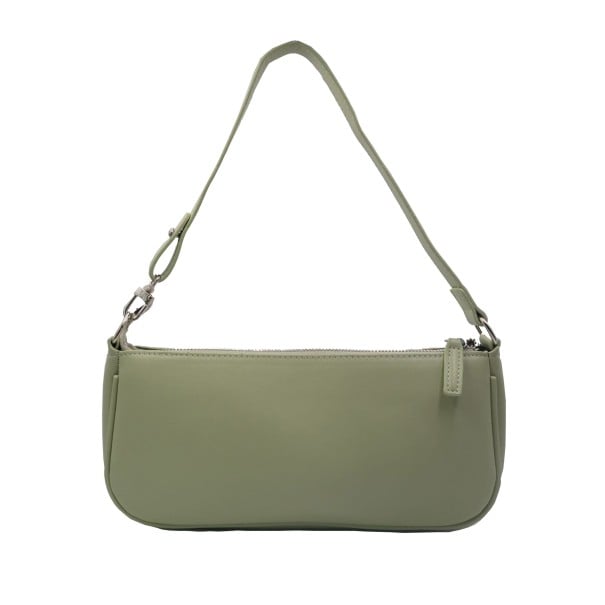Dámská kabelka přes rameno Podlouhlý tvar se zapínáním na zip Krátký popruh s kovovými karabinami Jemná zelená barva 29 x 13,5 x 5 cm 1