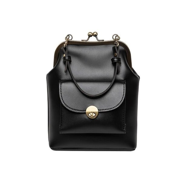 Dámská kabelka s kovovým rámovým zapínáním z PU kůže 24 x 18 x 7 cm Retro styl Přední kapsa s klopou a kulatým zámkem Tenký popruh černá