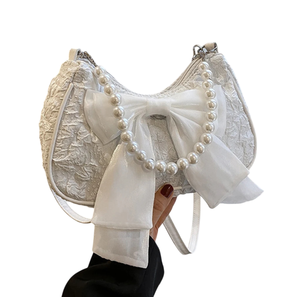 Dámská kabelka s mašlí 23 x 8 x 15 cm Bavlna a polyester Perlová rukojeť Elegantní společenská kabelka do ruky bílá