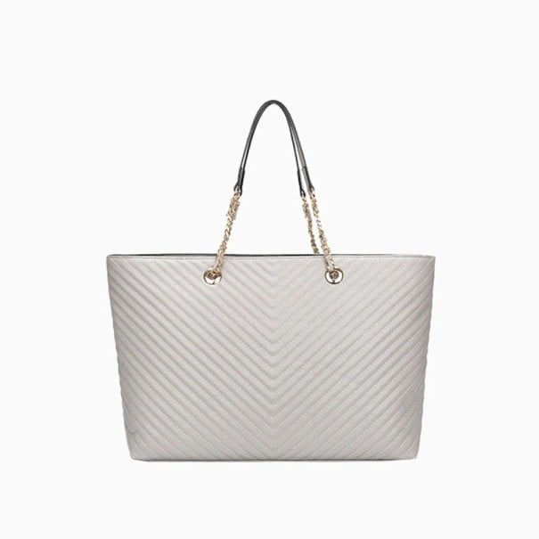 Dámska kabelka shopper cez rameno z umelej kože Prešívaný vzor do V Ucha s retiazkou a zlatými očkami Veľký priestranný tvar 39 x 28 x 16 svetlo sivá