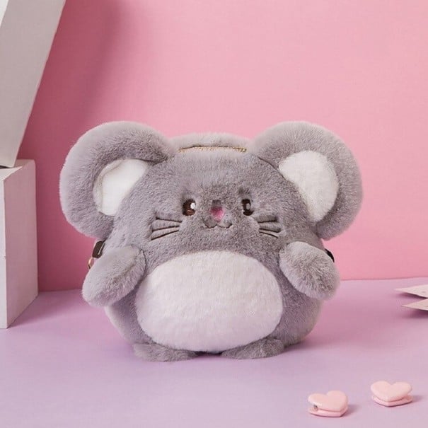 Dámská kabelka ve tvaru myšky Plyšová taška přes rameno s řetízkem Hebká umělá kožešina Kulatá ouška a bílé bříško 22 x 22 cm šedá