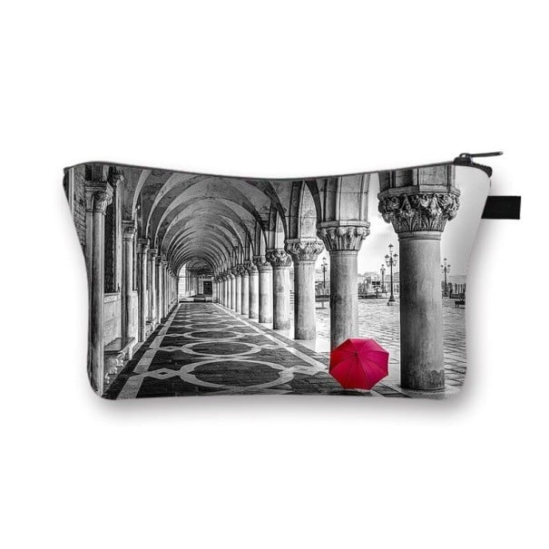 Dámská kosmetická taška s černobílým potiskem a červenými detaily Motivy měst deštníků a růží Polyesterová taštička na zip 13 x 21,5 cm 14