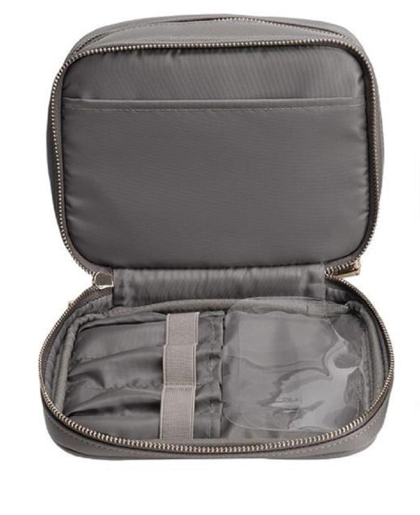 Dámská kosmetická taška se dvěma oddíly na zip Rukojeť Přihrádky na štětce a kapsy Šedá PU kůže a PVC Organizér na líčidla 21 x 16,5 x 10 cm 1
