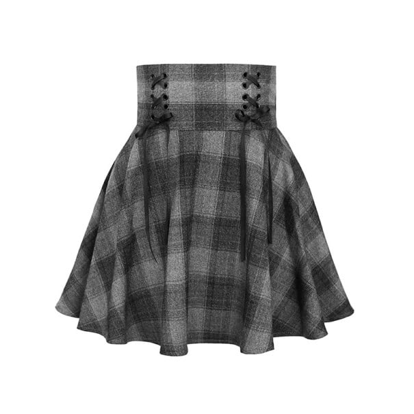 Dámska kostkovaná mini sukňa s vysokým pásom Široký pás so šnurovaním Rozšírený áčkový strih Šedá farba Bavlna a polyester XS