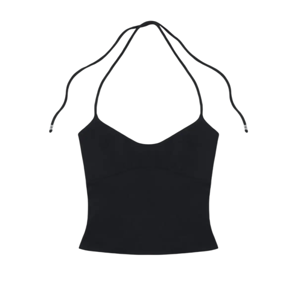 Damska kOszulka Jednobarwne Cienkie ramiączka wokół szyi Dekolt w kształcie O Crop top Materiał nylon spandex Nowoczesny letni top czarny XS