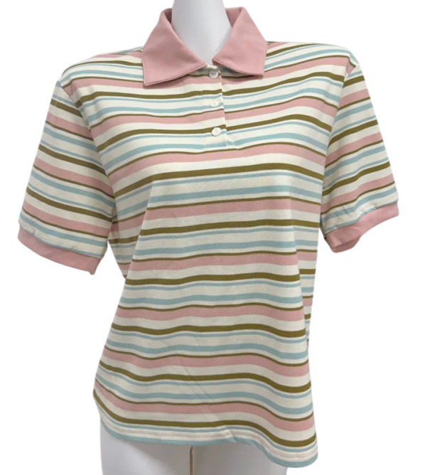 Damska koszulka polo w paski z kołnierzykiem Elegancka bawełniana koszulka polo z zapięciem na szyi Luźna koszulka w stylu retro różowy S