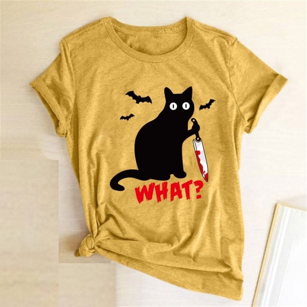 Damska koszulka z nadrukiem czarnego kota żółty M