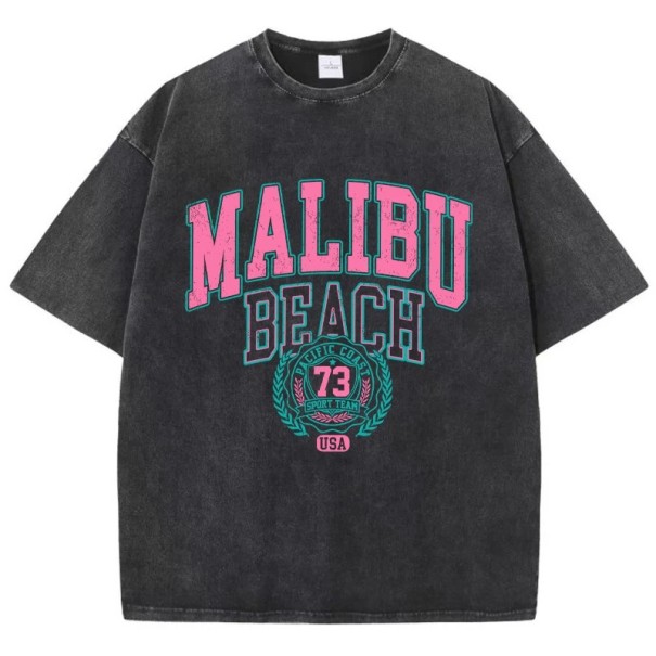 Damska koszulka z nadrukiem vintage MALIBU BEACH Luźny krój Letnia top w stylu streetwear Styl retro Ubranie codzienne Modny, sportowy design czarny XS