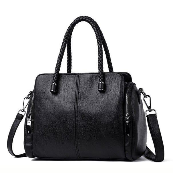 Dámská kožená kabelka do ruky s pletenými uchy Odnímatelný popruh přes rameno Boční kapsy na zip Kůže a polyester 30 x 23 x 11 cm černá