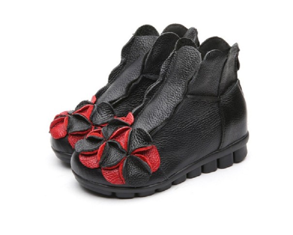 Dámska kožené členkové topánky s kvetinou čierno-červená 42