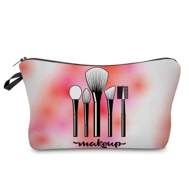 Dámska kozmetická taška na make-up 13,5 x 22 cm Potlač kozmetických štetcov s nápisom makeup Ružovobiely farebný prechod Zips s pútkom Polyester 1