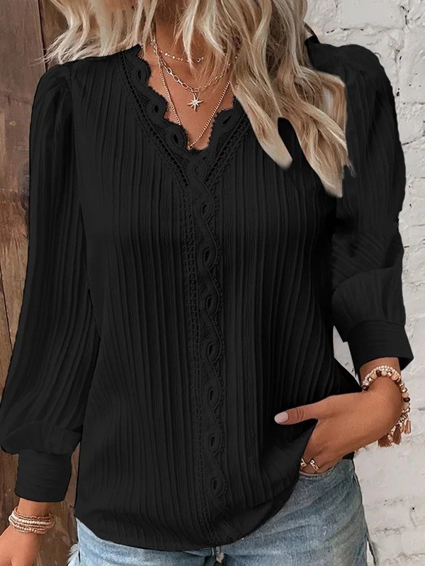Dámska krajková blúzka s výstrihom do V Elegantná blúzka s dlhým rukávom Ležérny štýl do práce aj na večer Priedušný vzdušný materiál čierna XXL