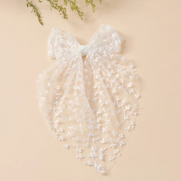 Dámská krajková mašle do vlasů 14 × 30 cm Dlouhá tylová stuha Elegantní svatební vlasový doplněk 1 ks bílá