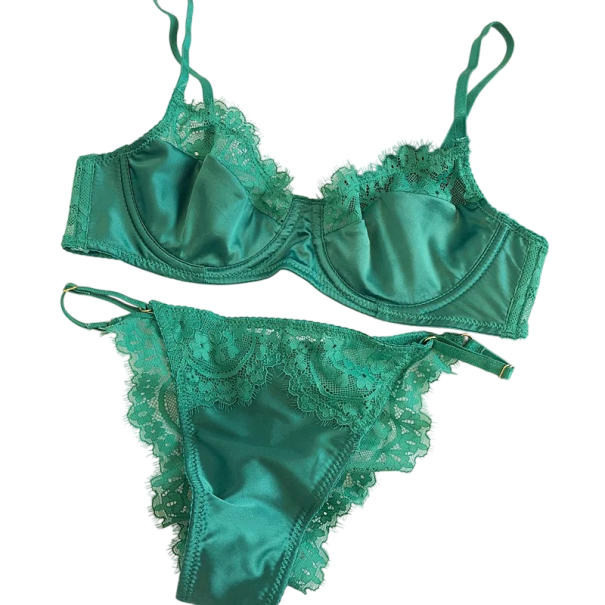 Dámská krajková souprava podprsenka a kalhotky s hladkým povrchem elastan polyester pro každodenní nošení spodní prádlo zelená S