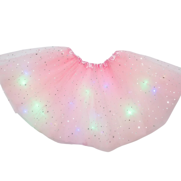 Dámská LED svítící tylová sukně 40 cm Mini baletní sukně s hvězdným potiskem Vrstvená tutu sukně na baterie CR2032 Karnevalový doplněk růžová