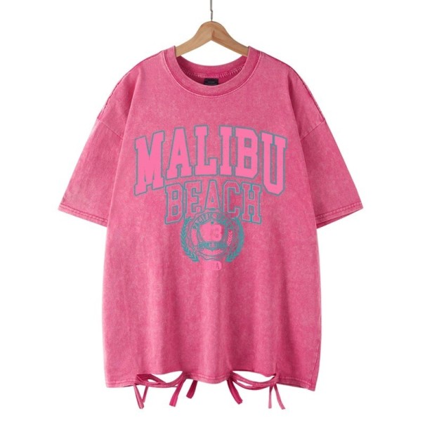 Damska luźna koszulka MALIBU BEACH z nadrukiem w stylu vintage i ozdobnym wiązaniem Top w stylu ulicznym Luźna, letnia moda Stylowa odzież rekreacyjna różowy XXL
