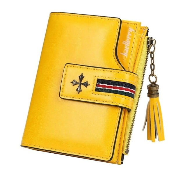 Dámská malá peněženka z PU kůže se zapínáním na přední poutko Boční zip se střapcem Kovová ozdoba a pruhovaný proužek 12,5 x 10 x 3 cm žlutá