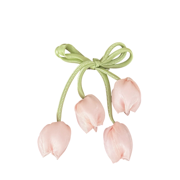 Dámská mašle do vlasů se 4 tulipány Šifonový květinový design Lehký elegantní vlasový doplněk růžová