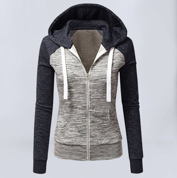 Dámská mikina na zip s kapucí Raglánové rukávy v kontrastní barvě Šedý melírovaný střed Přední kapsy Žebrované lemy Polyester tmavě šedá XS