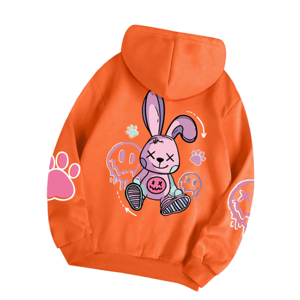Dámská mikina s kapucí a kapsami Jednobarevná mikina se vzorem králíka na zádech Měkký polyester Pohodlný volnočasový styl v různých barvách oranžová S
