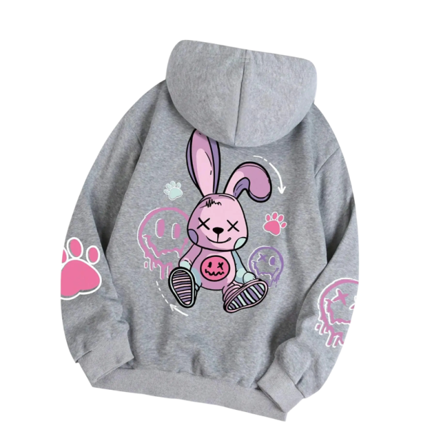 Dámská mikina s kapucí a kapsami Jednobarevná mikina se vzorem králíka na zádech Měkký polyester Pohodlný volnočasový styl v různých barvách šedá L