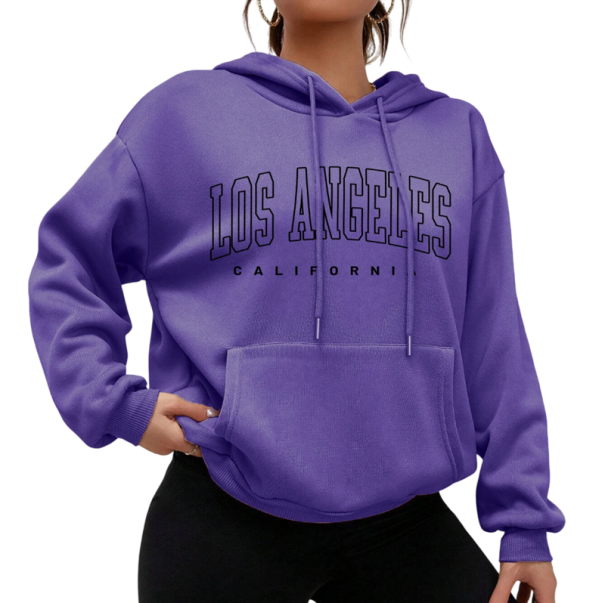 Dámská mikina s kapucí a kapsami Jednobarevná mikina z polyesteru s nápisem Los Angeles Stylový volnočasový svršek v různých barvách fialová XL