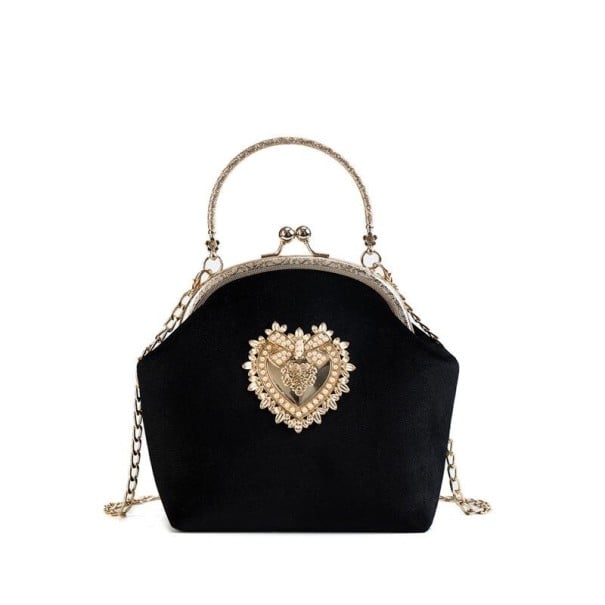 Dámska mini kabelka do ruky so sametovým vzhľadom Kovový rám so zapínaním na guličky Zlaté ozdobné srdce Reťazec Polyester 16 x 16 x 7 cm čierna