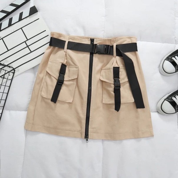 Dámska mini sukňa s vreckami a opaskom khaki S