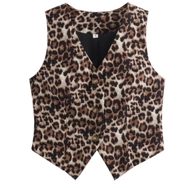 Damska modna kamizelka w leopardzim wzorze Wycięcie w kształcie V Zapięcie na guziki Stylowa kamizelka z lekkiego poliestru Elegancki zwierzęcy design M