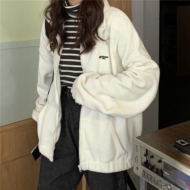 Dámská oversize mikina na zip se stojáčkem Měkký fleecový povrch Rukávy s pružným lemem Kapsy na předním dílu Polyester a spandex bílá 4XL