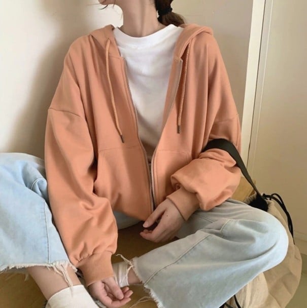 Dámska oversize mikina na zips s kapucňou Voľný strih Spustené ramená Dlhý rukáv Klokaní vrecká Šnúrky v kapucni Polyester s bavlnou svetlo oranžová
