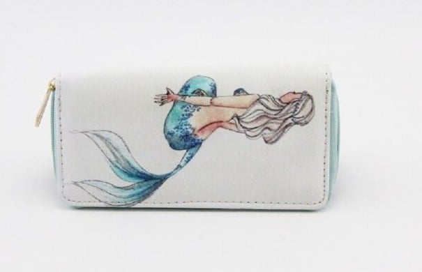 Dámska peňaženka na zips s akvarelovým potlačom morskej panny Svetlý podklad Obdĺžnikový tvar Umelá koža a polyester 20 x 10 x 2,5 cm 1