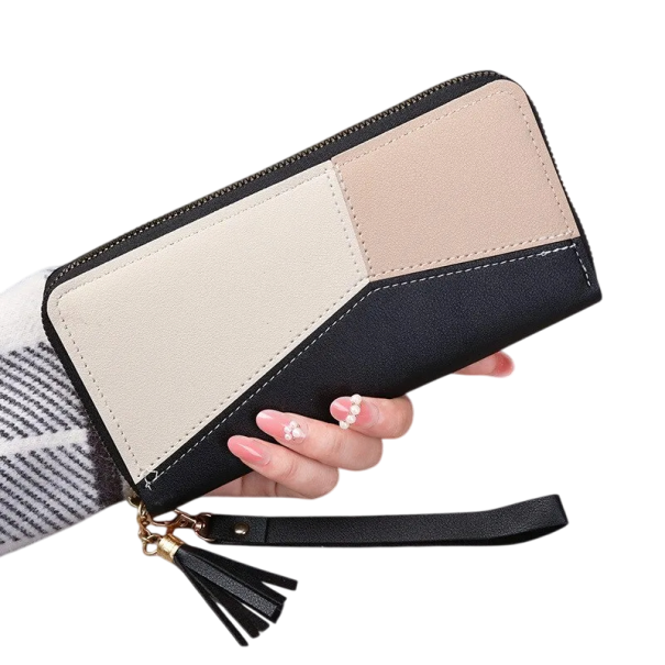 Dámská peněženka s dlouhým zipem 10x19x2 cm, více než 14 přihrádek, kapsa na mince, střapec pro štěstí, odnímatelný popruh, mini kabelka černá