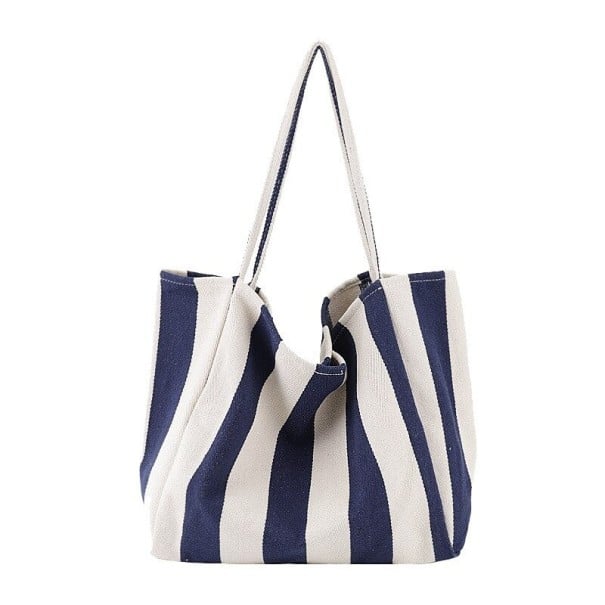 Dámska plátnená taška cez rameno s pruhovaným vzorom Veľká mäkká nákupná taška Dlhé ucha Plátno a polyester 39 x 35 x 21 cm tmavo modrá 1