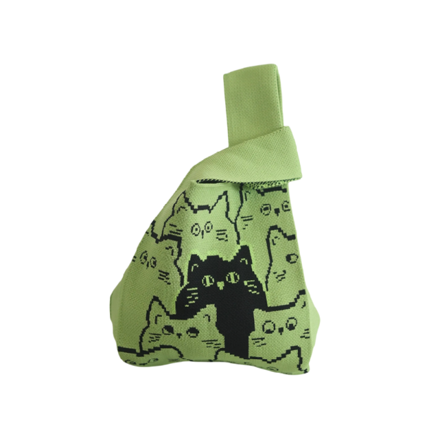 Dámská pletená kabelka s kočičím vzorem 20x35 cm polyester bavlněná podšívka stylová kabelka do ruky pro každodenní nošení zelená