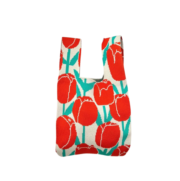 Dámská pletená kabelka s květinovým vzorem tulipánů 20x35 cm polyester s bavlněnou podšívkou taška na každodenní nošení červená