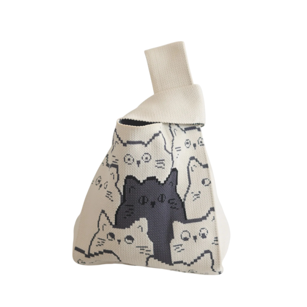 Dámska pletená kabelka s mačacím vzorom 20x35 cm polyester bavlnená podšívka štýlová kabelka do ruky na každodenné nosenie biela