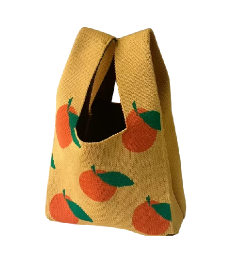 Dámska pletená kabelka s ovocným vzorom 20x35 cm polyester s bavlnenou podšívkou žltá taška na každodenné nosenie 1