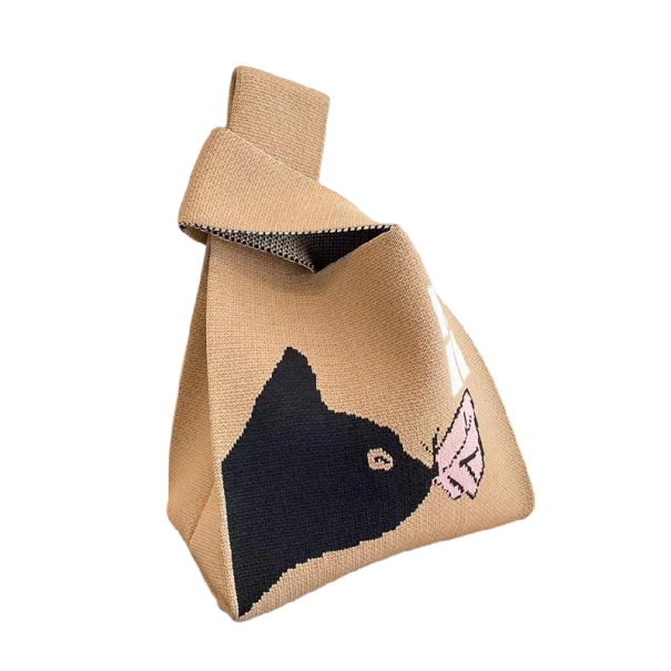 Dámská pletená kabelka se vzorem kočky 20x35 cm polyester bavlněná podšívka béžová kabelka do ruky na každodenní nošení 1