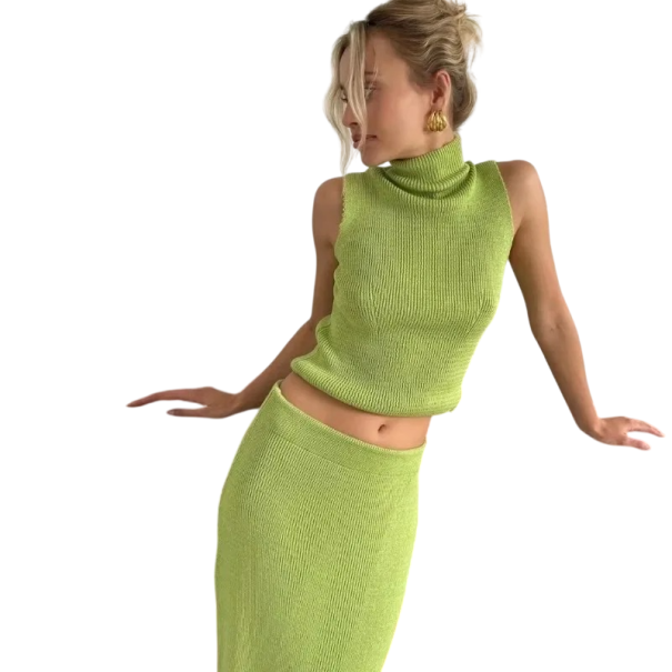Dámská pletená souprava tílko bez rukávů se stojáčkem a zvonové kalhoty žebrovaný úplet univerzální velikost nylon a polyester na léto zelená